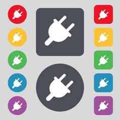电插头权力能源图标标志集彩色的按钮平设计