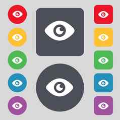 眼睛发布内容图标标志集彩色的按钮平设计