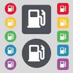 汽油气体站车燃料图标标志集彩色的按钮平设计