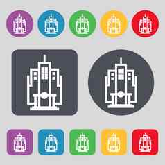 摩天大楼图标标志集彩色的按钮平设计