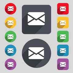 邮件信封消息图标标志集彩色的按钮长影子平设计