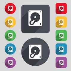 硬磁盘数据库图标标志集彩色的按钮长影子平设计