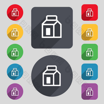 牛奶汁饮料纸箱包图标标志集彩色的按钮长影子平设计