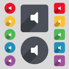 演讲者体积声音图标标志集彩色的按钮长影子平设计