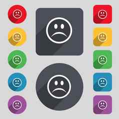 伤心脸悲伤抑郁症图标标志集彩色的按钮长影子平设计