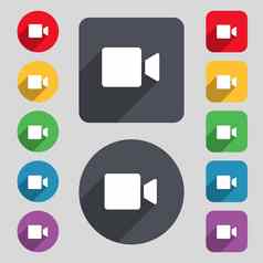 视频相机图标标志集彩色的按钮长影子平设计