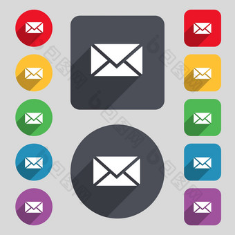 邮件<strong>信封</strong>消息图标标志集彩色的按钮长影子平设计