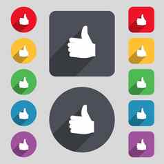 拇指图标标志集彩色的按钮长影子平设计