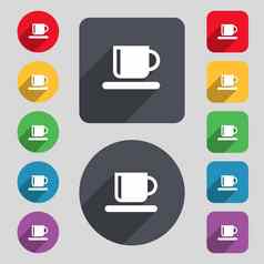 咖啡杯图标标志集彩色的按钮长影子平设计