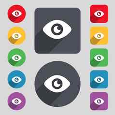 眼睛发布内容图标标志集彩色的按钮长影子平设计