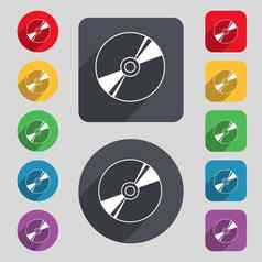 Dvd紧凑的磁盘蓝色的雷图标标志集彩色的按钮长影子平设计