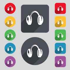 耳机图标标志集彩色的按钮长影子平设计