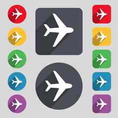飞机图标标志集彩色的按钮长影子平设计
