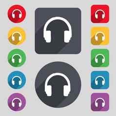 耳机图标标志集彩色的按钮长影子平设计