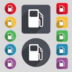 汽车气体站图标标志集彩色的按钮长影子平设计