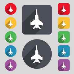 战斗机图标标志集彩色的按钮长影子平设计
