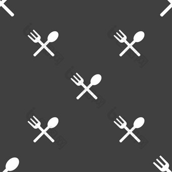 叉勺子横向餐具吃图标标志无缝的模式灰色的背景