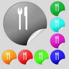 吃标志图标餐具象征叉刀集多彩色的轮按钮贴纸