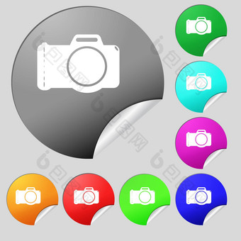 照片相机标志图标数字照片相机象征集多彩色的轮按钮贴纸