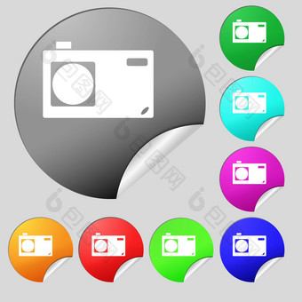 照片相机标志图标数字象征集多彩色的轮按钮贴纸