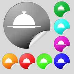 食物盘服务标志图标表格设置餐厅象征集多彩色的轮按钮贴纸
