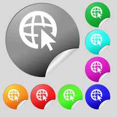 互联网标志图标世界宽网络象征光标指针集多彩色的轮按钮贴纸