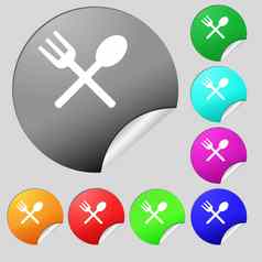 叉勺子横向餐具吃图标标志集多彩色的轮按钮贴纸