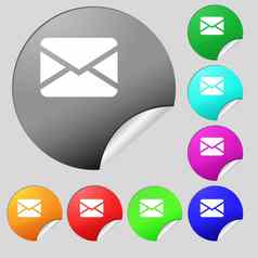 邮件信封消息图标标志集多色的轮按钮贴纸