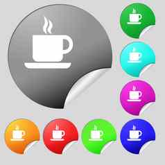 咖啡图标标志集多彩色的轮按钮贴纸