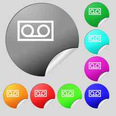 音频盒式磁带图标标志集多彩色的轮按钮贴纸