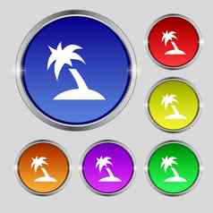 棕榈树旅行旅行图标标志轮象征明亮的色彩鲜艳的按钮