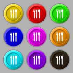 叉刀勺子图标标志象征轮色彩鲜艳的按钮