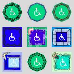禁用标志图标人类轮椅象征残疾无效的标志集色彩鲜艳的按钮