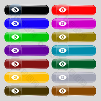 眼睛<strong>发布</strong>内容图标标志集14多色的玻璃按钮的地方文本