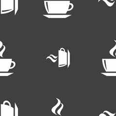 茶咖啡图标标志无缝的模式灰色的背景