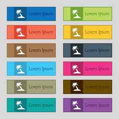 棕榈树旅行旅行图标标志集十二个矩形色彩斑斓的美丽的高质量的按钮网站