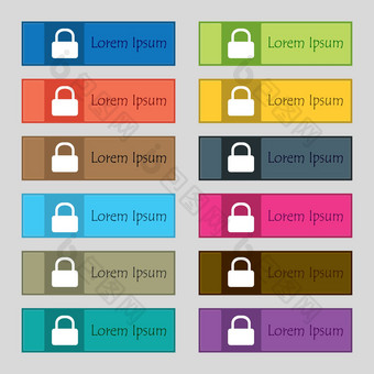 垫锁图标标志集十二个矩形色彩斑斓的美丽的高质量的按钮网站
