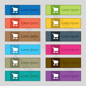 购物篮子图标标志集十二个矩形色彩斑斓的美丽的高质量的按钮网站
