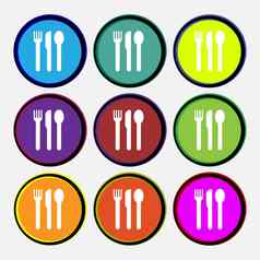 叉刀勺子图标标志多彩色的轮按钮
