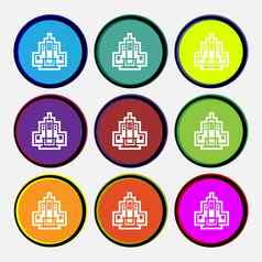 摩天大楼图标标志多彩色的轮按钮