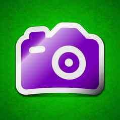照片相机图标标志象征别致的彩色的黏糊糊的标签绿色背景