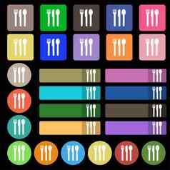 叉刀勺子图标标志集二十五彩缤纷的平按钮