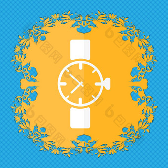 手表图标象征花平设计蓝色的摘要背景的地方文本