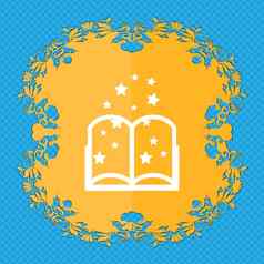 魔法书标志图标开放书象征花平设计蓝色的摘要背景的地方文本