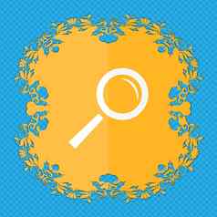 放大镜玻璃标志图标变焦工具按钮导航搜索象征花平设计蓝色的摘要背景的地方文本