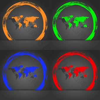全球标志图标世界地图<strong>地理位置</strong>象征时尚现代风格橙色绿色蓝色的红色的设计