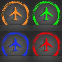 飞机标志飞机象征旅行图标飞行平标签时尚现代风格橙色绿色蓝色的红色的设计
