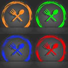 叉勺子横向餐具吃图标标志时尚现代风格橙色绿色蓝色的红色的设计