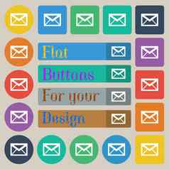 邮件图标信封象征消息标志导航按钮集二十彩色的平轮广场矩形按钮