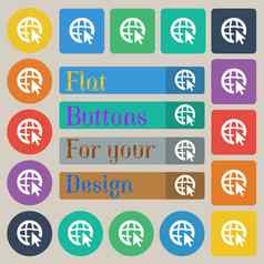 互联网标志图标世界宽网络象征光标指针集二十彩色的平轮广场矩形按钮